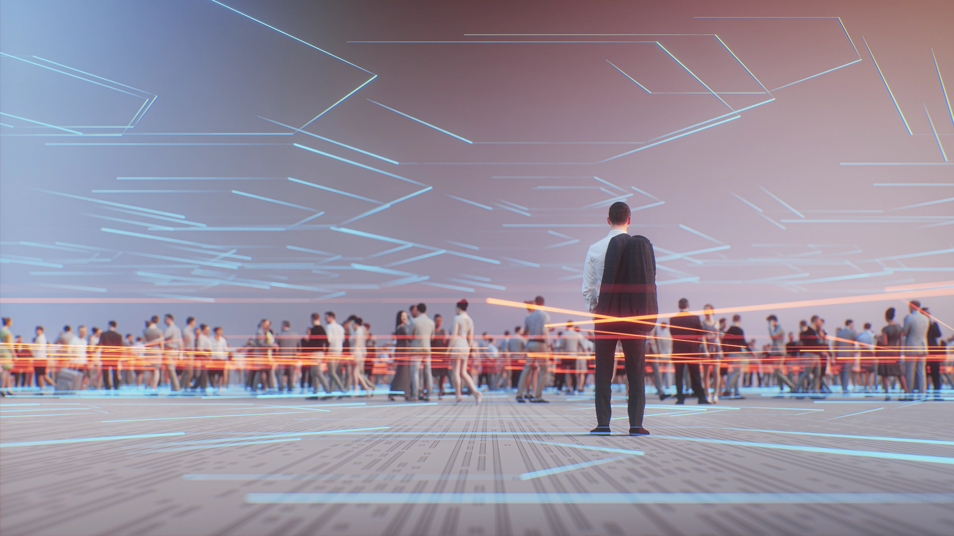 Person steht vor einer Mengenmenge und alles ist digital vernetzt